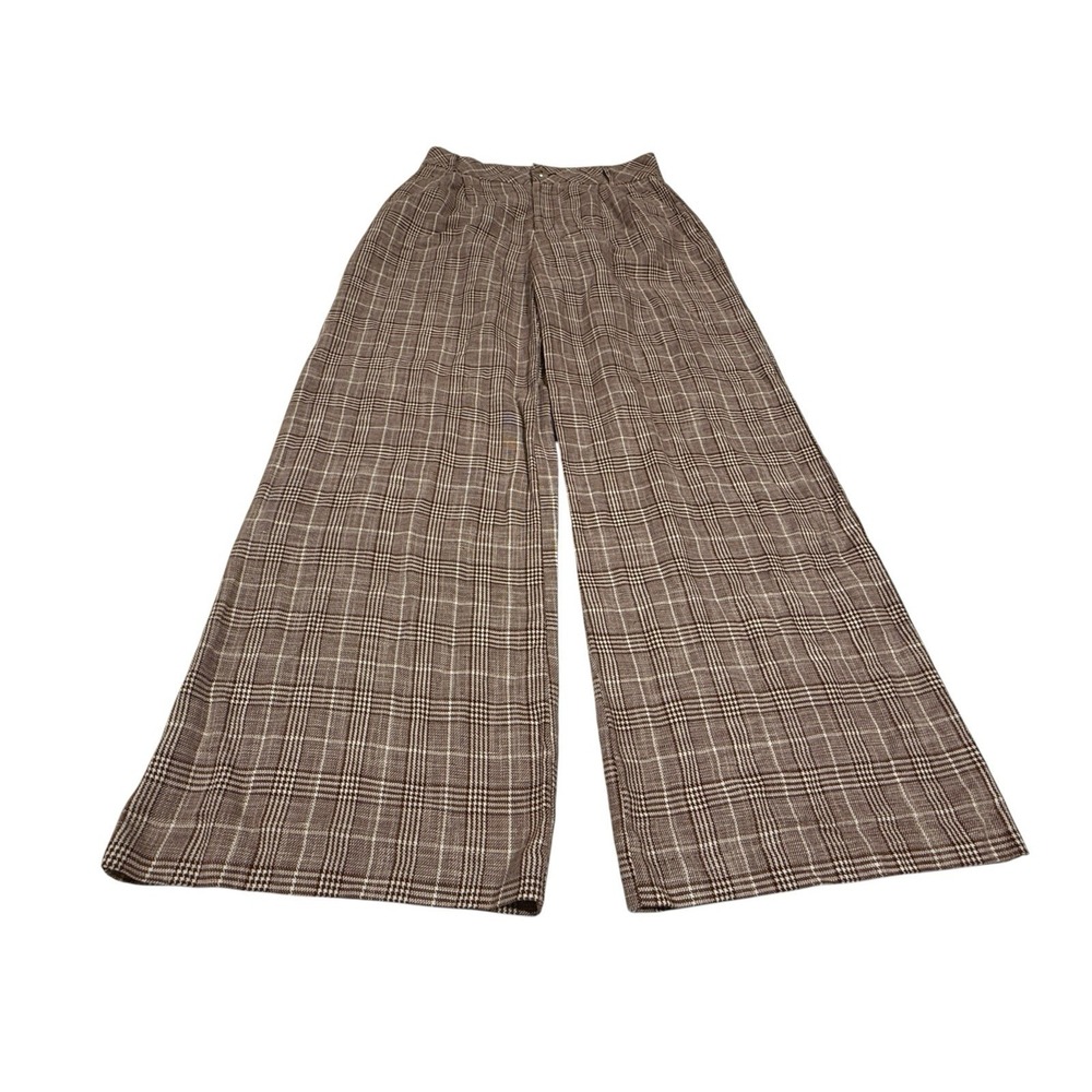 Maeve By Anthropologie Women's Wide Leg Plaid Linen Blend Pleated Pants Size 6